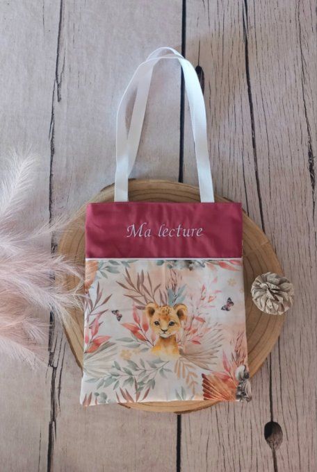 Tote bag enfant animaux marrons / uni framboise