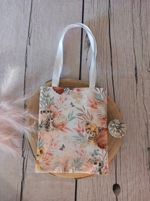 Tote bag enfant animaux marrons / uni framboise