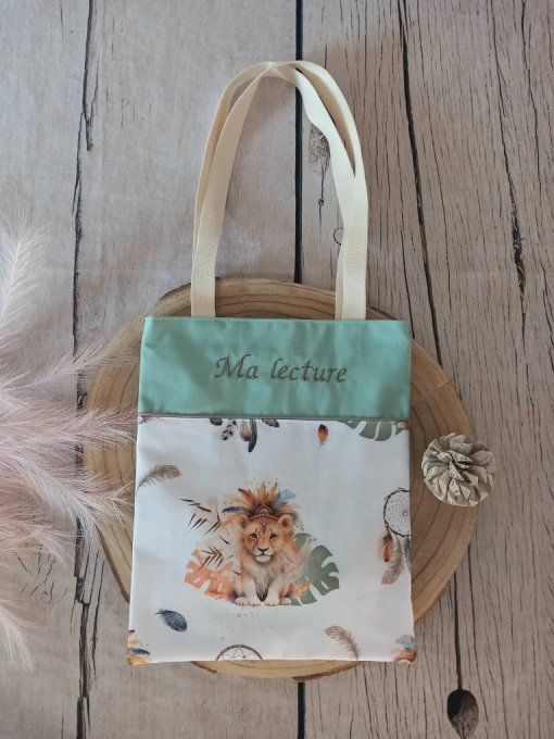 Tote bag enfant lion boho / vert clair