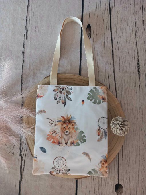 Tote bag enfant lion boho / vert clair