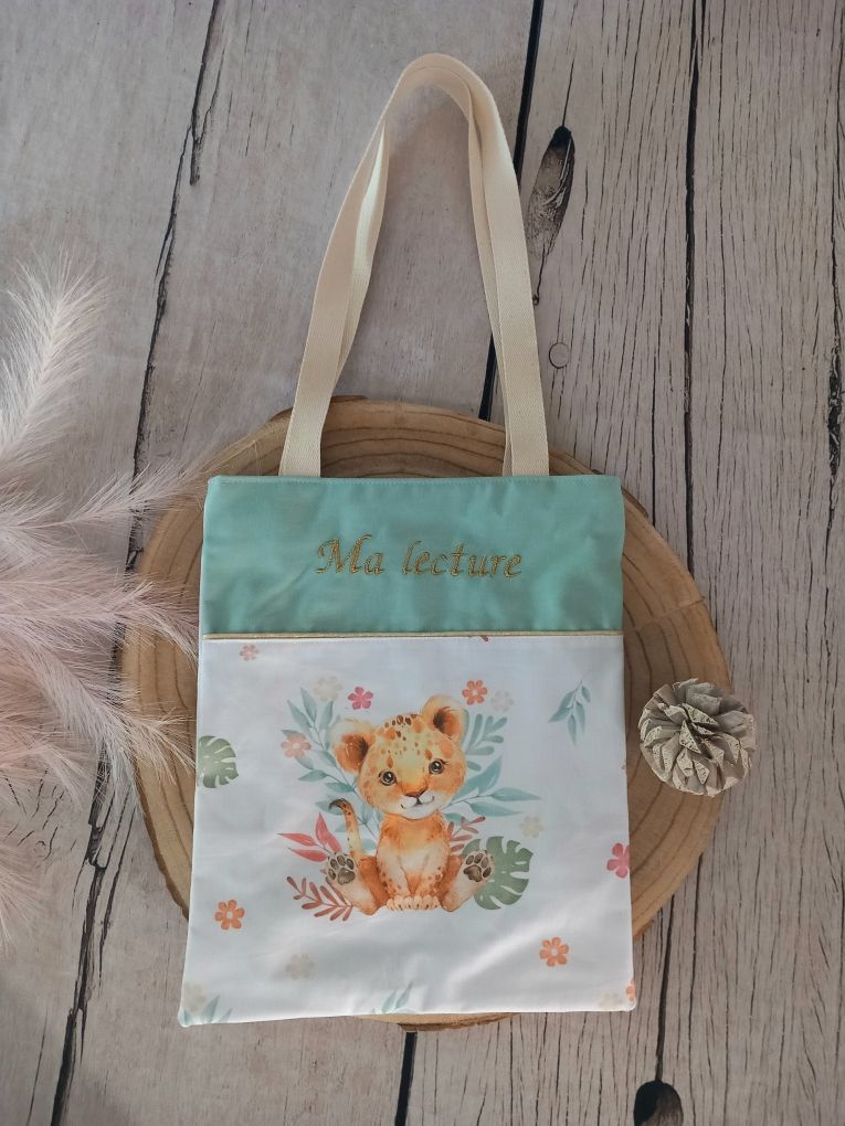 Tote bag enfant lion fleur / uni vert clair