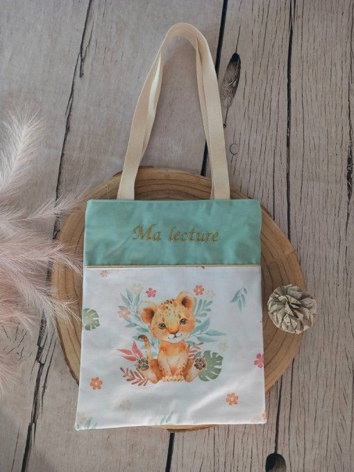 Tote bag enfant lion fleur / uni vert clair