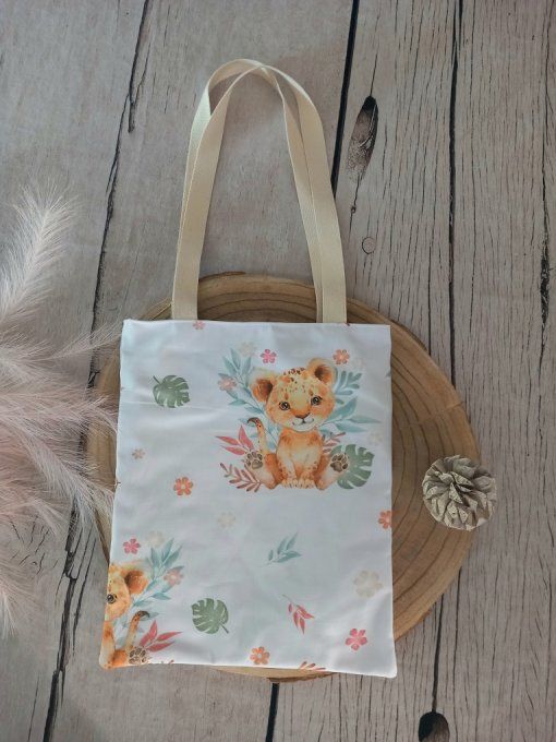 Tote bag enfant lion fleur / uni vert clair