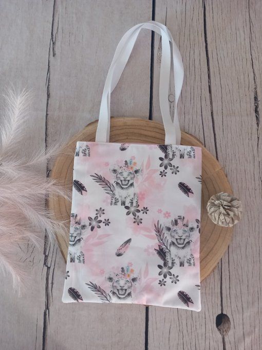 Tote bag enfant lion rose / uni rose clair