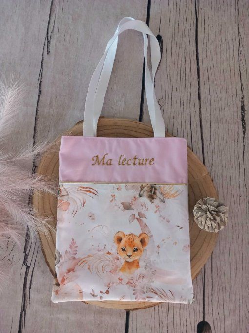 Tote bag enfant animaux beiges / uni rose clair