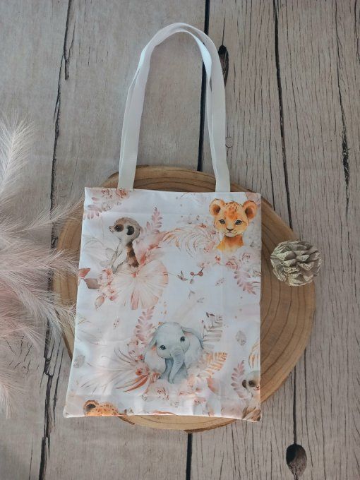 Tote bag enfant animaux beiges / uni rose clair