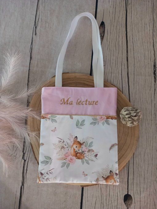 Tote bag enfant biche boho / uni rose clair