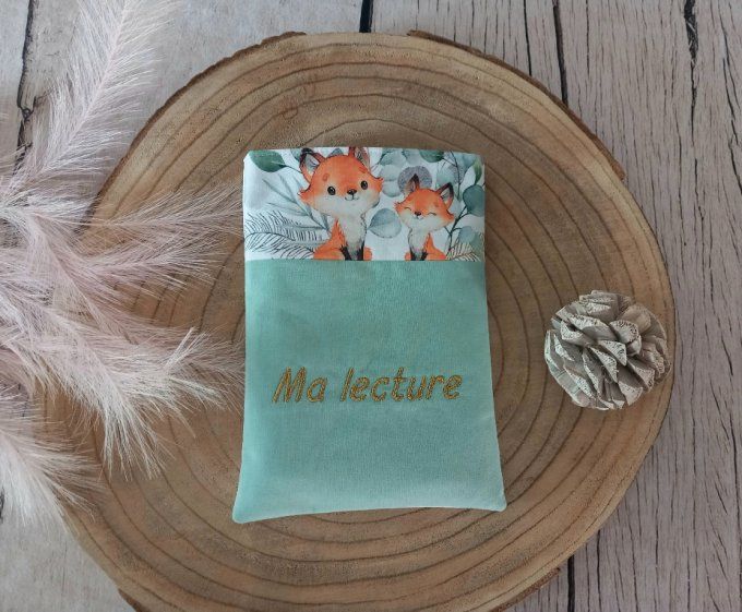 Pochette à livres renards eucalyptus / uni vert clair / prénom doré