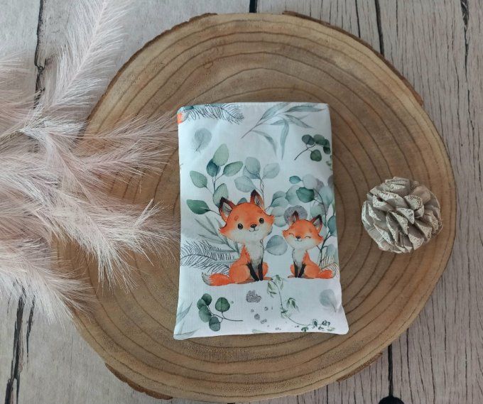 Pochette à livres renards eucalyptus / uni vert clair / prénom gris