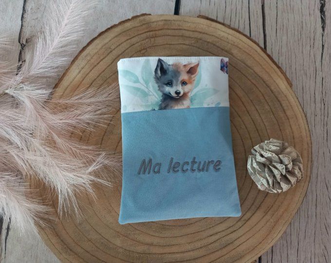 Pochette à livres loup / uni bleu clair
