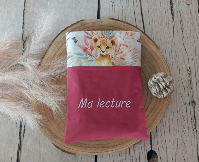 Pochette à livres animaux marrons / uni framboise