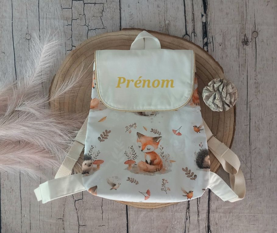 Sac à dos enfant animaux de la forêt / rabat uni écru