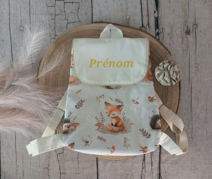 Sac à dos enfant animaux de la forêt / rabat uni écru
