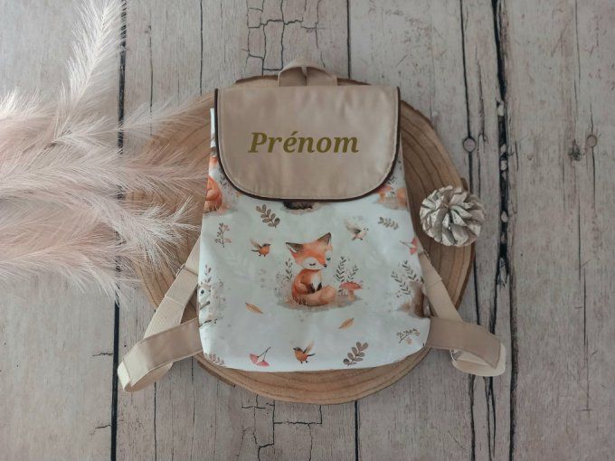 Sac à dos enfant animaux de la forêt / rabat uni beige