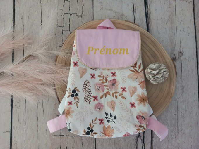 Sac à dos enfant fleurs sauvages / rabat uni rose clair
