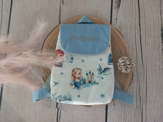 Sac à dos enfant princesses / rabat uni bleu clair