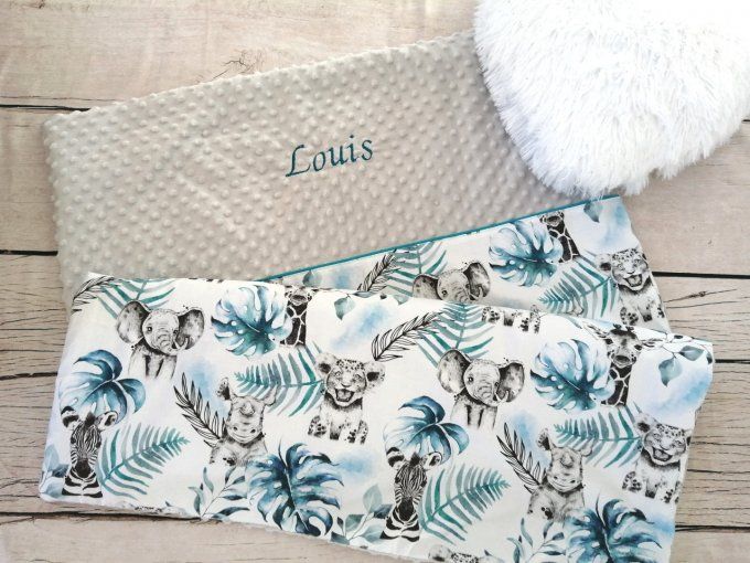 Couverture personnalisée bébé savane bleue/minky gris