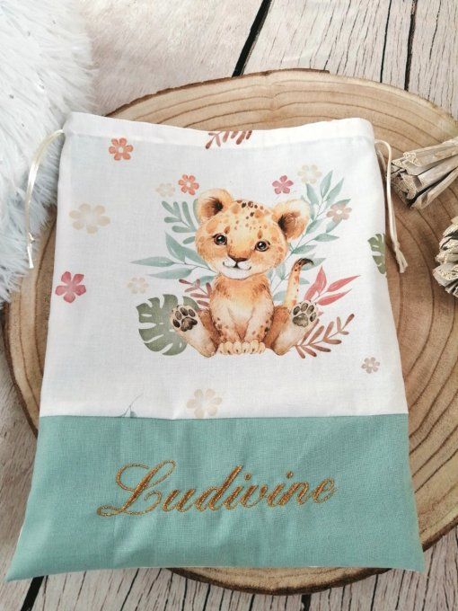 Pochon lion fleur /  uni vert clair