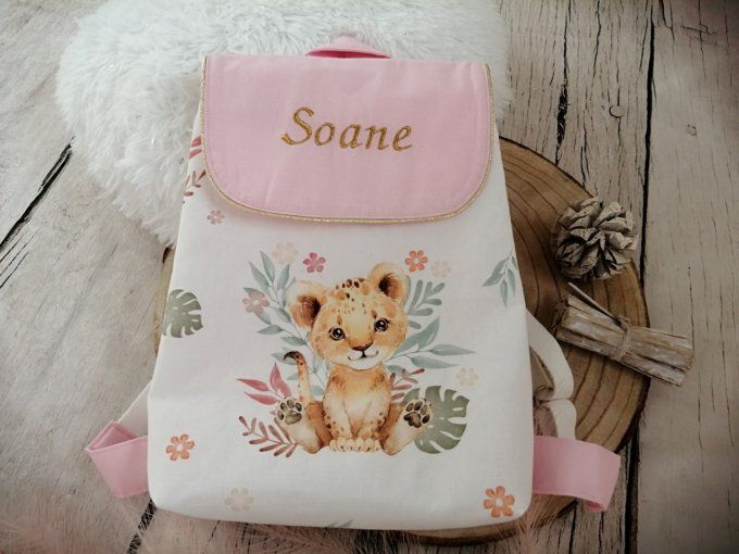 Sac à dos enfant lions fleurs/rose clair