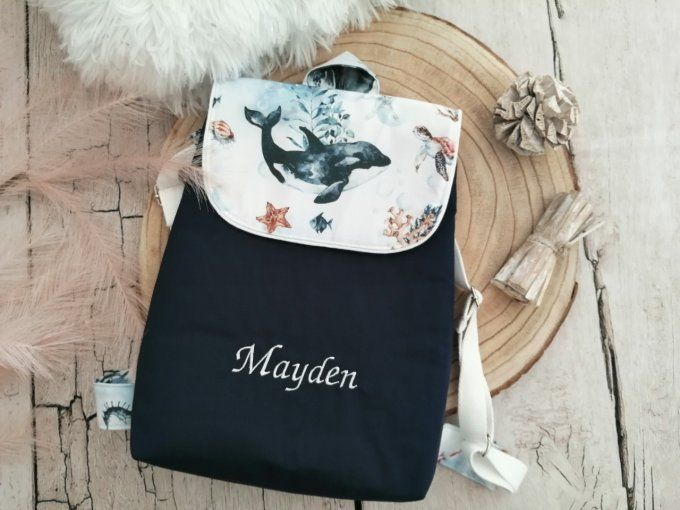 Sac à dos enfant rabat baleines/bleu marine