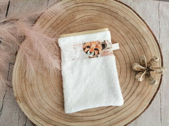 Gant de toilette animaux beiges / micro-éponge bambou blanche