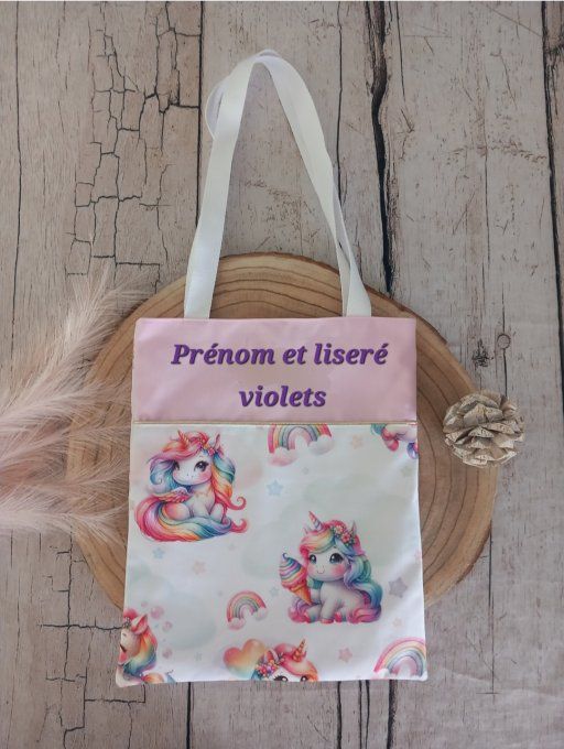 Tote bag enfant licorne / uni rose clair / prénom violet