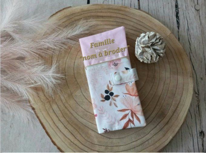 Protège livret de famille fleurs sauvages / uni rose clair