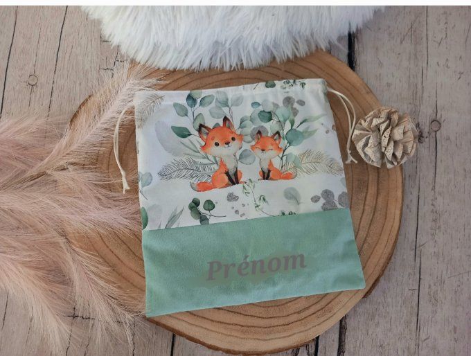 Pochon renards eucalyptus / uni vert clair / prénom gris