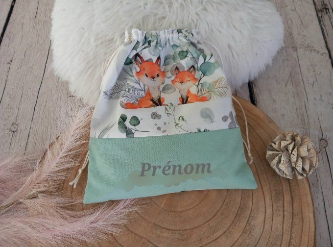 Pochon renards eucalyptus / uni vert clair / prénom gris