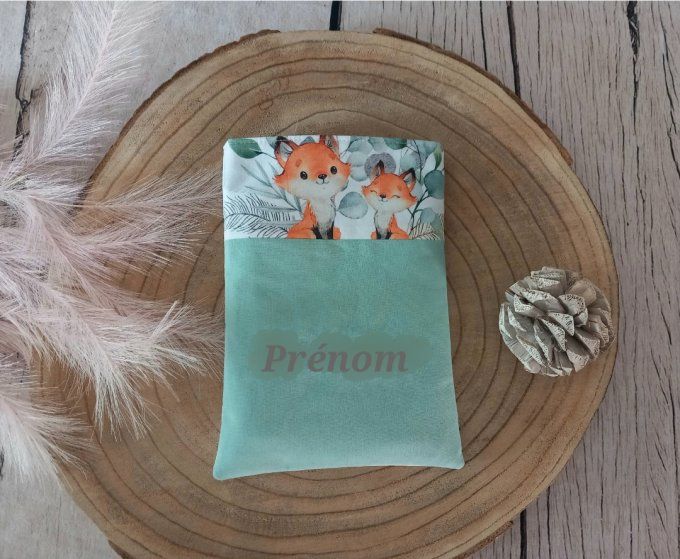 Pochette à livres renards eucalyptus / uni vert clair / prénom gris